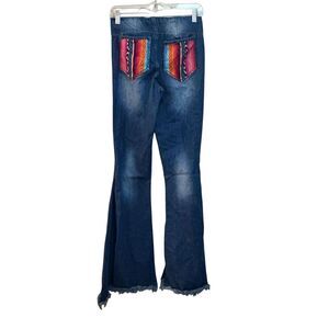 Judith March Jeans Womens Large Blue Boho Flare Bell Bottom Aztec Patch Pockets